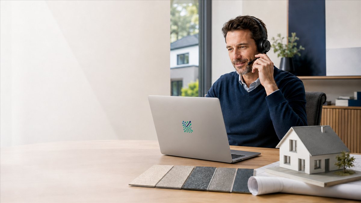 Berater mit Headset im persönlichen Gespräch am Laptop, umgeben von Materialmustern und Hausmodell