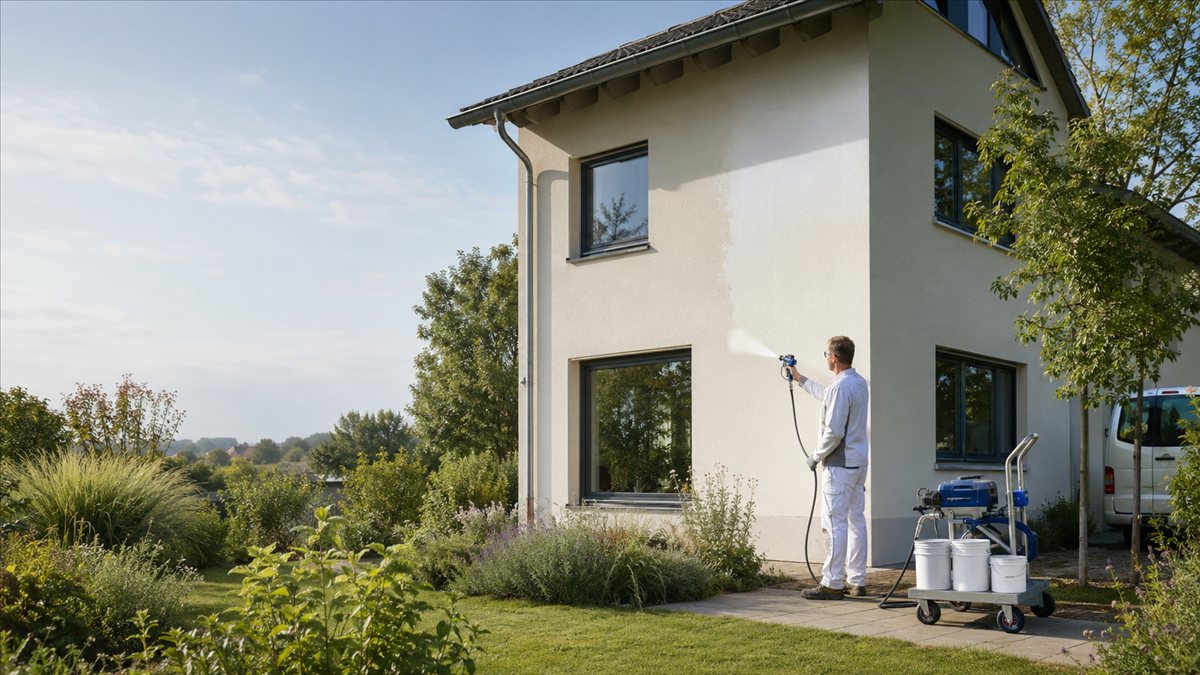 Applikation der Nanobeschichtung an einem Wohnhaus im Grünen — minimaler Materialeinsatz statt dicker Dämmplatten