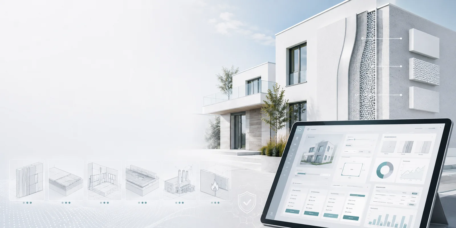 Modernes Wohnhaus mit sichtbarem Dämmschicht-Aufbau und Tablet mit Preisrechner