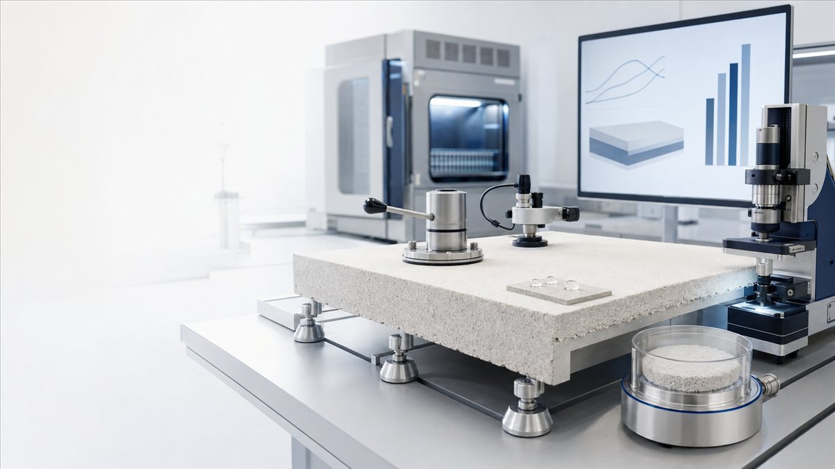 Laborprüfstand mit Materialprobe, Messgeräten und Datenanzeige zur Prüfung der Beschichtungseigenschaften