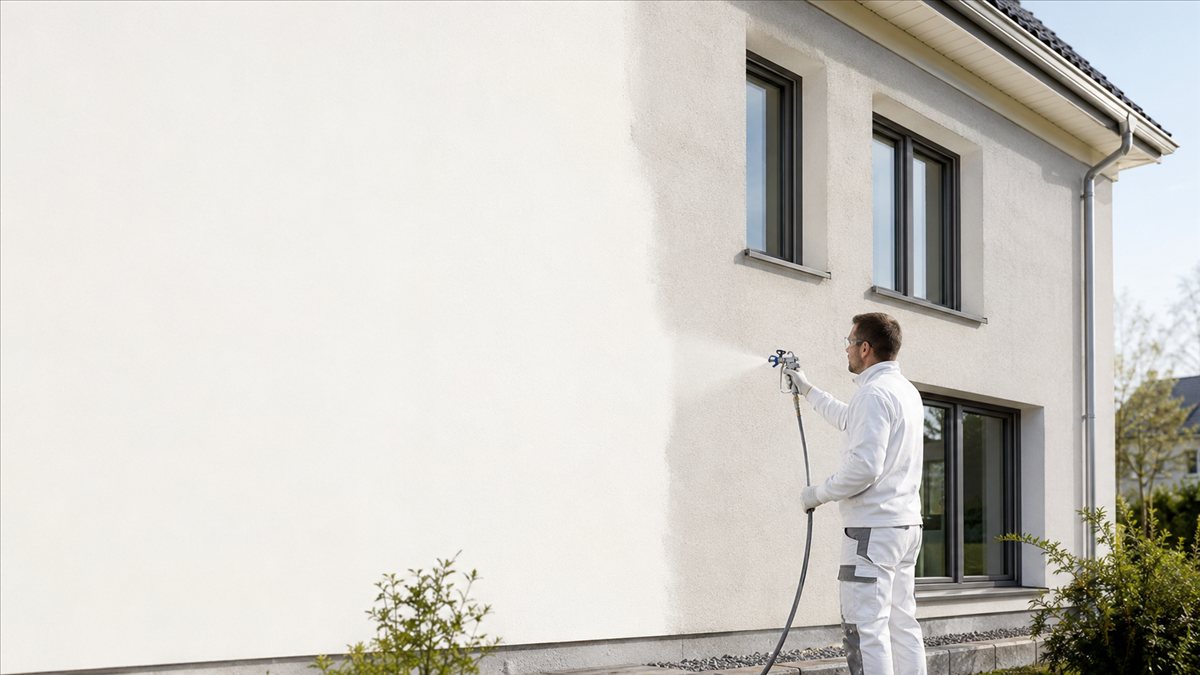 Fachgerechter Auftrag der Nanofassadendämmung per Spritzverfahren auf eine Hausfassade