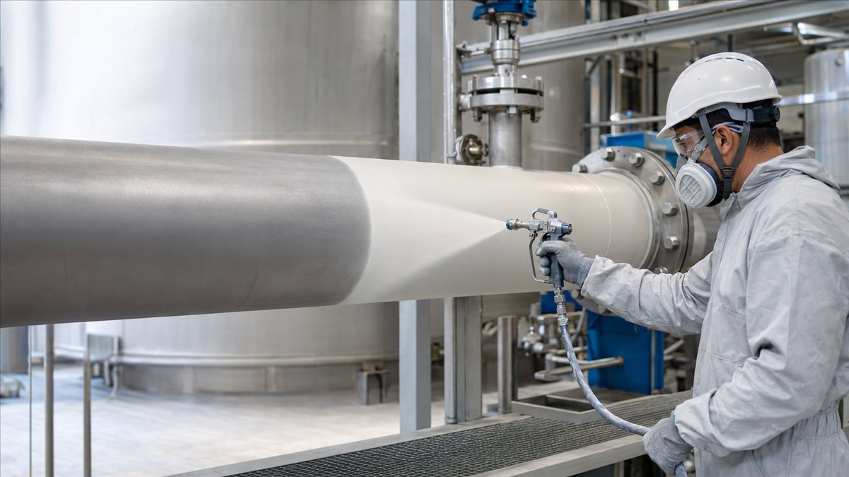 Fachgerechter Auftrag der Nanoindustriedämmung per Spritzverfahren auf eine Rohrleitung